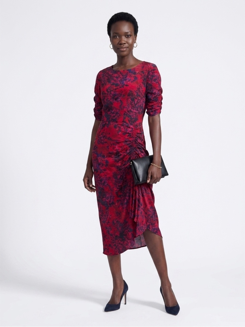 NWT WHBM Women's Abstract Print Ruched Midi Dress Red Sz 0